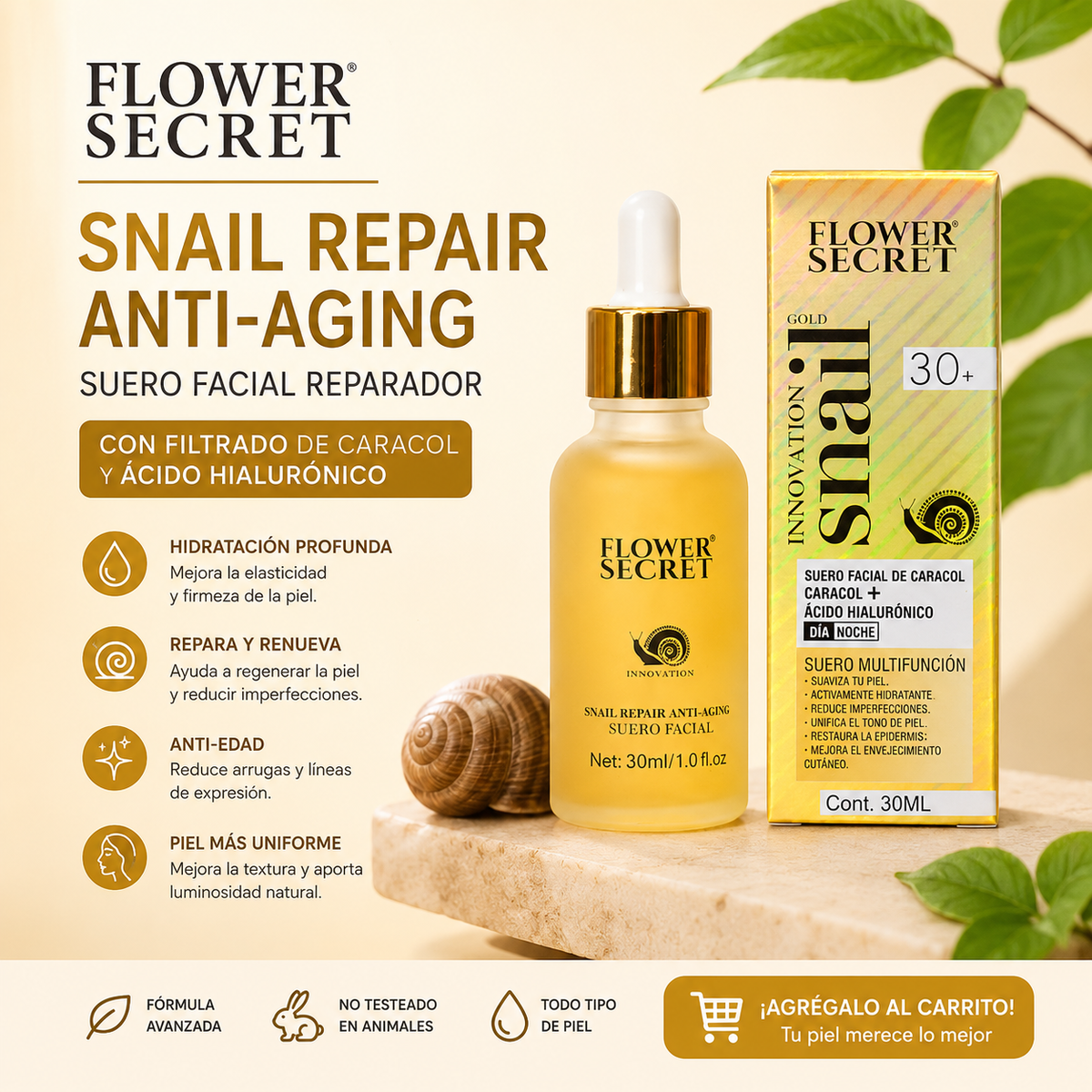 Sérum Facial con Ácido Hialurónico y Caracol