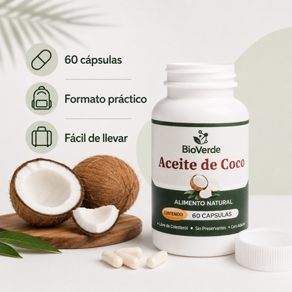 Aceite de coco BioVerde con 60 cápsulas, formato práctico y fácil de llevar