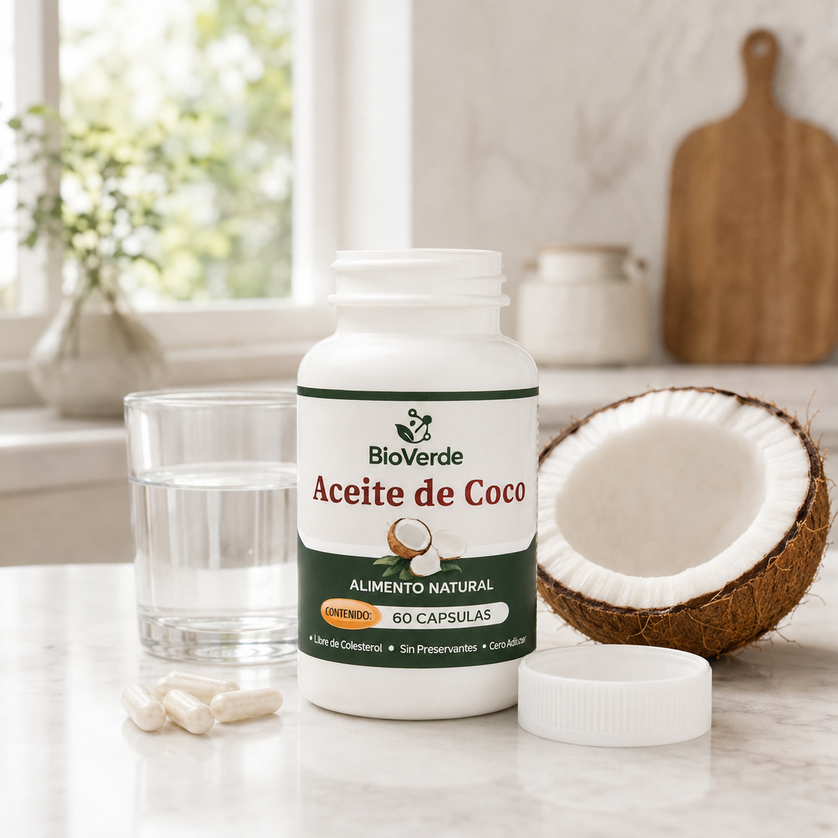 Frasco de aceite de coco BioVerde junto a cápsulas, coco natural y un vaso de agua