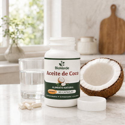 Frasco de aceite de coco BioVerde junto a cápsulas, coco natural y un vaso de agua