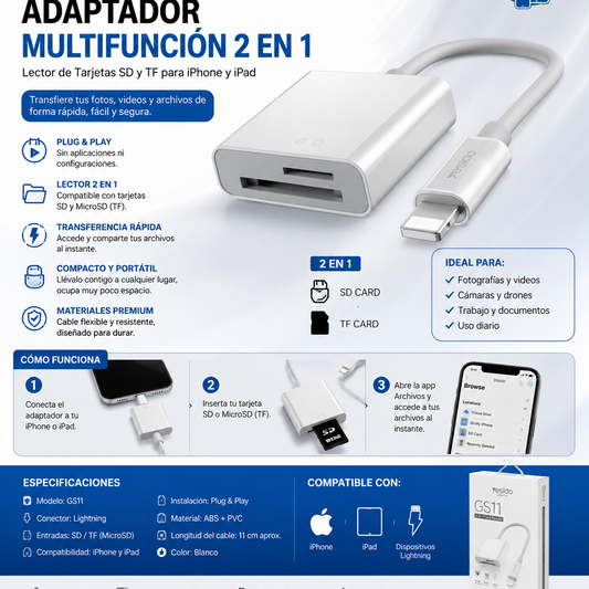 Adaptador lector de tarjetas SD y microSD Yesido GS11 para iPhone y iPad